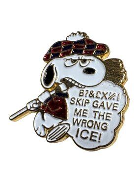 Snoopy Curling Pin Skip Gave Me The Wrong Ice Emamel Taiwan Gold Tone Artiss